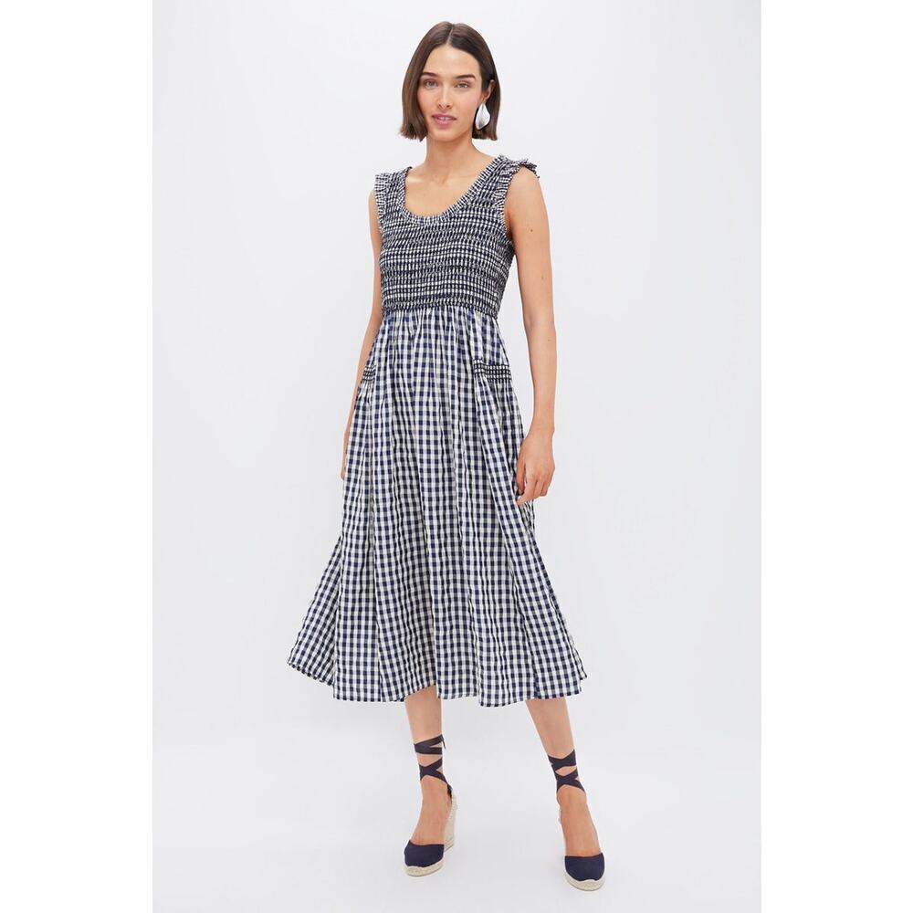 POMANDER PLACE Navy Gingham Smocked Abilene Midi Dress Size XXS NWT